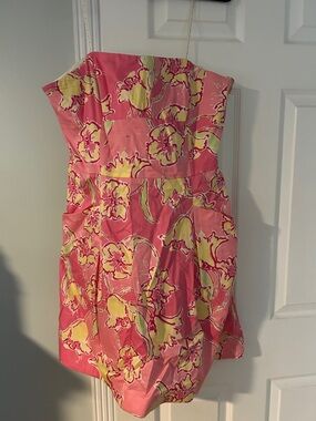 Lilly Pulitzer Pink & Yellow Floral Strapless Dress with pockets
